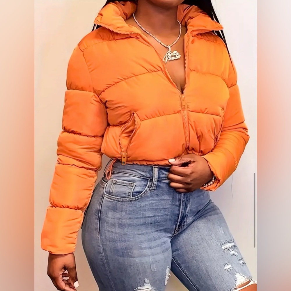 Cropped Puffer Jacket-Orange